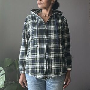 44° North Hooded Shacket Jacket Women's Large Full Zip Cotton Flannel Blue Plaid